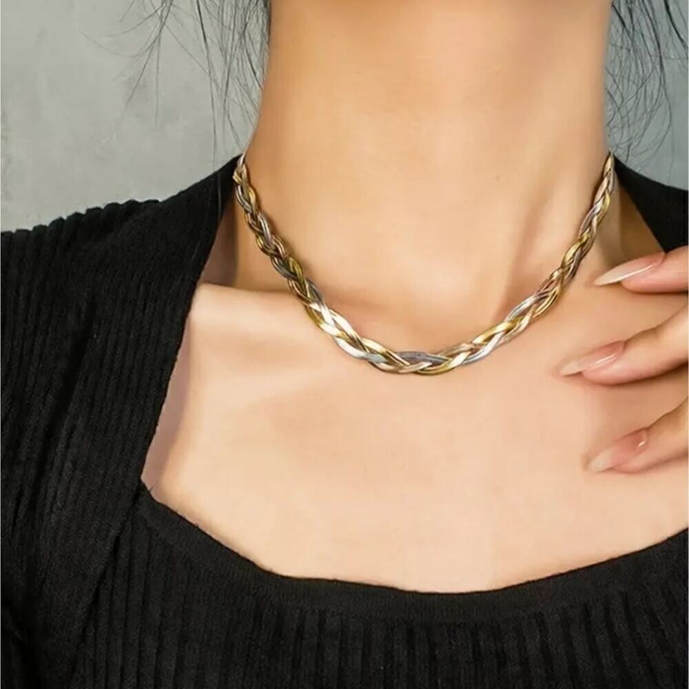 Stainless Steel Necklace Herringbone braided Tri-Colour Flat snake Chain 2 Pcs. - Picture 12 of 15